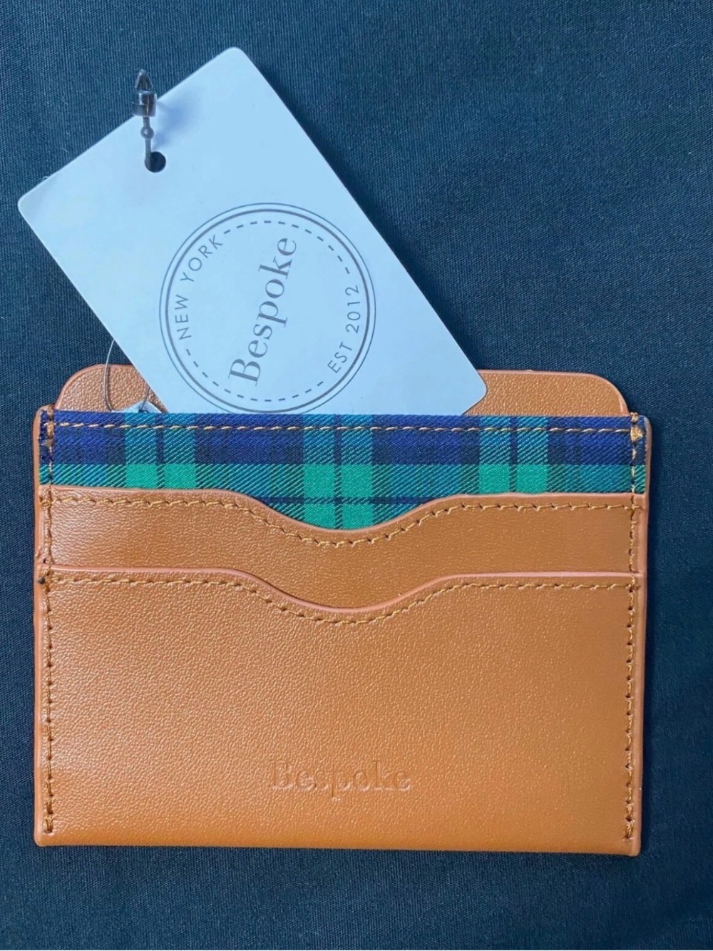Bespoke Tan Leather Card & Key Holder with Green-Blue Plaid Trim